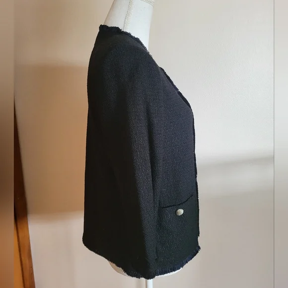 St. John Collection Boucle Wool Blend Fringe-Trim Blazer Black Navy Size 10 - Picture 4 of 12